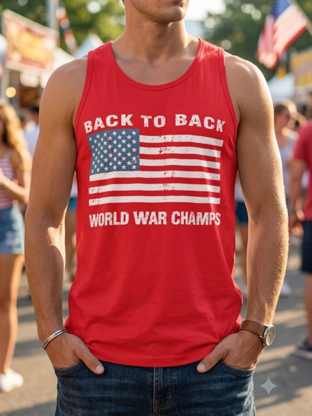 World War Champs Tank Top Back to Back Patriotic American Flag Red Graphic NWOT
